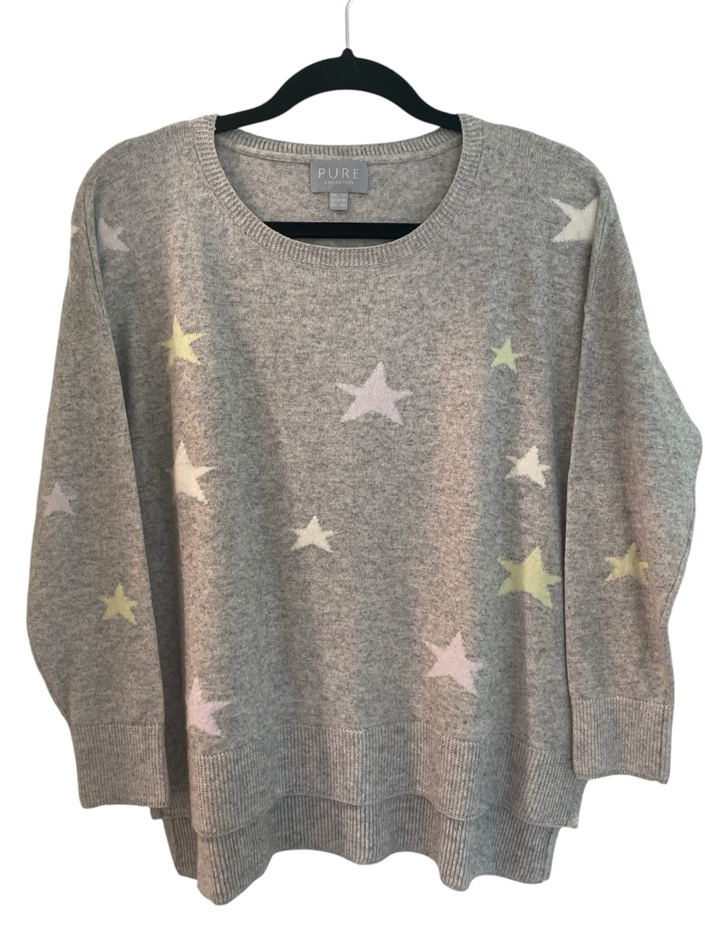 Pure Collection Gray Crewneck Wool & Cashmere Sweater w/ Pastel Star Motif, 8/10